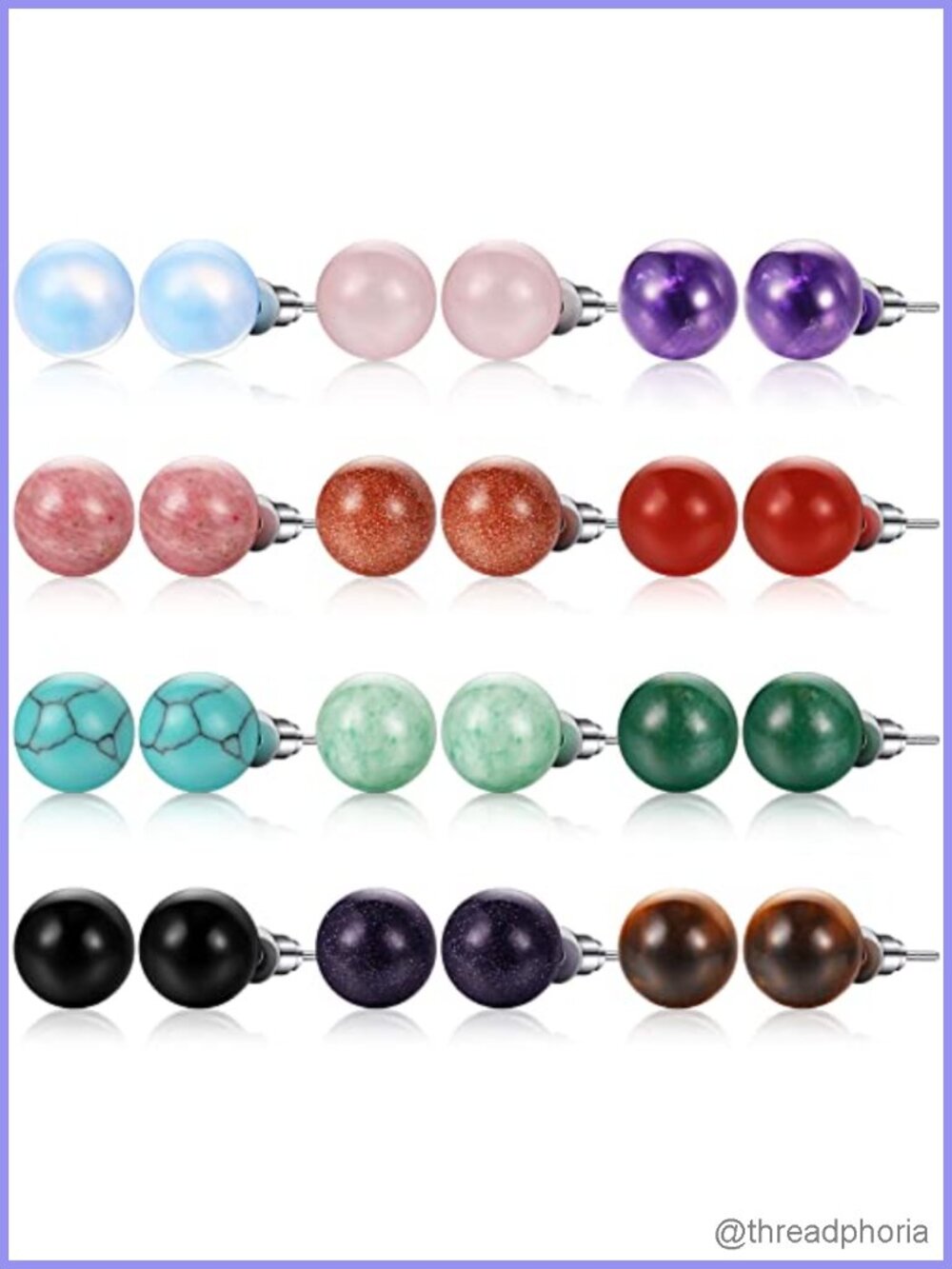 12 Pair Natural Stone Ball Stud Earrings Set Amethyst Rose Quartz Crystal Bead